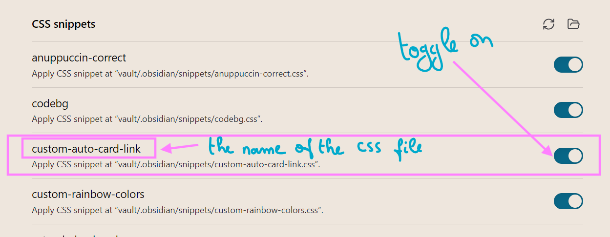 the toggle switch to activate a style snippet